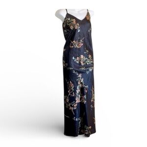 Shadowline SILHOUETTE satin night gown, black & flowers, adj. straps. VTG XL